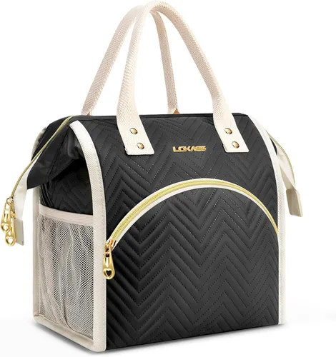 Bolsa de almuerzo aislada para mujer, bolsa de almuerzo de apertura amplia, soporte grande para bebidas, organizador térmico de nailon duradero para
