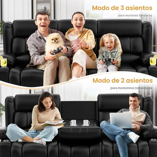 Miniatura 6 de Dresegmt Sofá reclinable biplaza, diseño de respaldo central abatible, sofá reclinable de 3 asientos de piel sintética con cajón de almacenamiento