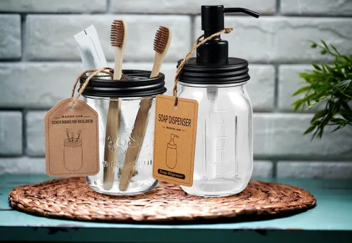 Miniatura 5 de SheeChung Mason Jar - Juego de accesorios de baño, 2 piezas, dispensador de jabón, soporte para cepillo de dientes, decoración de baño, decoración