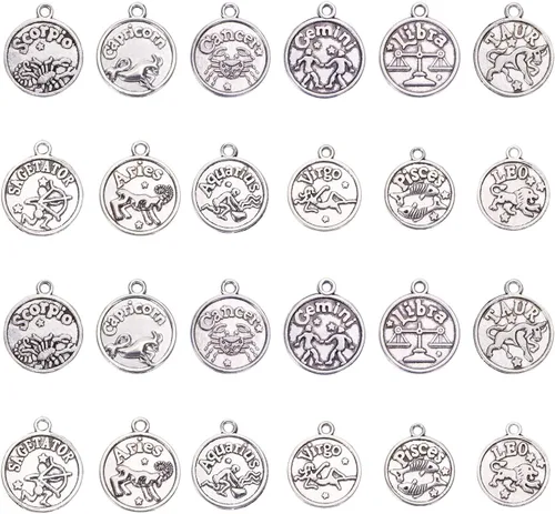 Tupalizy 24 dijes de signo del zodiaco a granel para collares, pulseras, llaveros, aretes, gargantillas vintage redondas, 12 colgantes de