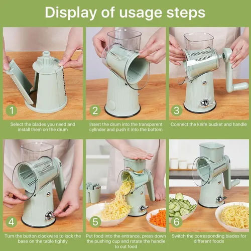 Miniatura 8 de Rallador de queso giratorio 5 en 1, cortador de verduras, picador de mandolina de tambor para cocina, fácil de limpiar con recipiente