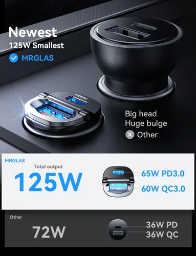 Miniatura 2 de MRGLAS [Paquete de 2] Cargador de coche USB C de 125 W, mini adaptador de coche USB C de metal de carga rápida PD65W y QC60W de doble puerto tipo C