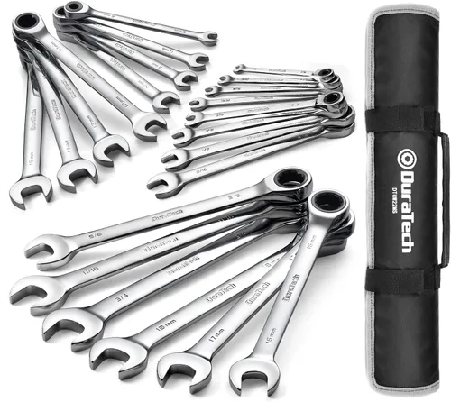 DURATECH - Juego de 22 llaves inglesas ajustables combinadas, SAE y métricas, 1/4" a 3/4" y 6 a 18 mm, de acero al cromo vanadio, con bolsa de