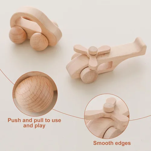 Miniatura 4 de Automóvil de madera para bebés y aviones, auto de madera para niños pequeños Montessori Baby Grip Toy Car, regalos para niños y niñas, auto