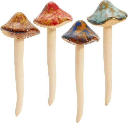 Juvale Estacas de cerámica para plantas de hongos para exteriores, 5 pulgadas, surtido de marrón, rojo, naranja y verde, paquete de 4, juego de