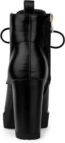 Miniatura 3 de Allegra K Botas de plataforma con cordones y tacón grueso con punta redonda para mujer