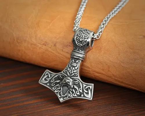 Miniatura 21 de Viking Thors Hammer Necklace Pendant - Vegvisir Aegishjalmur Helm of Awe Raven Huginn Muninn Pendant Necklace Amulet Talisman - Thor Necklace
