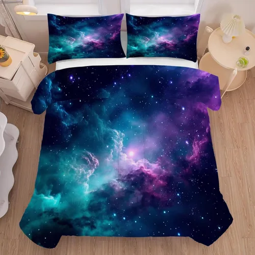 Miniatura 4 de Juego de edredón de galaxia azul, tamaño individual, ropa de cama espacial para niños, niñas, adolescentes, decoración de dormitorio, luna, nube