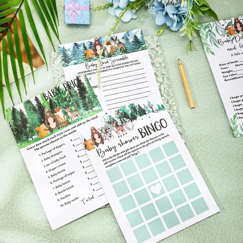 Miniatura 4 de Gersoniel Juego de 135 tarjetas de juego para baby shower, diseño de animales del bosque, baby shower, juego de 5 (25 tarjetas cada uno) con 10