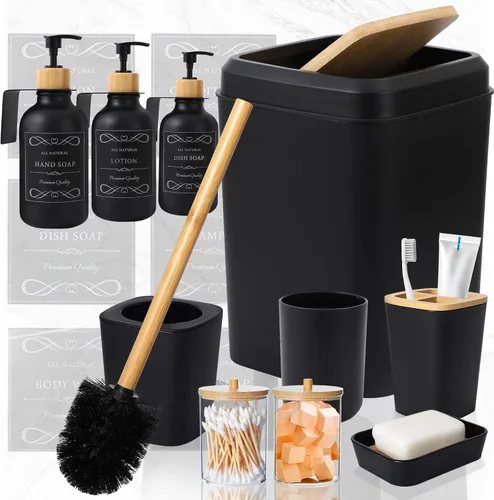 Miniatura 7 de XLHOMO Juego de accesorios de baño negro y dorado - 10 piezas de baño con papelera, dispensador de jabón, jabonera, soporte para cepillo de dientes