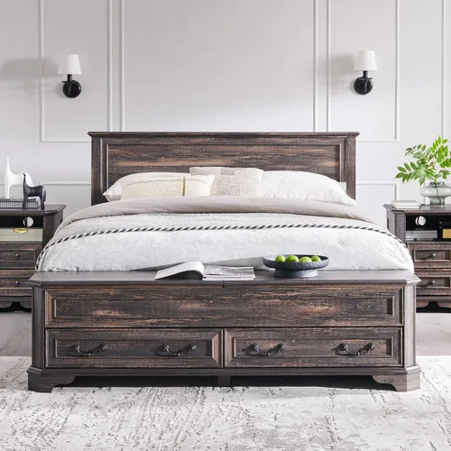 Miniatura 3 de T4TREAM Cama Queen de granja con cabecera y banco de almacenamiento, cama de plataforma de madera rústica con baúl de almacenamiento de 64 pulgadas