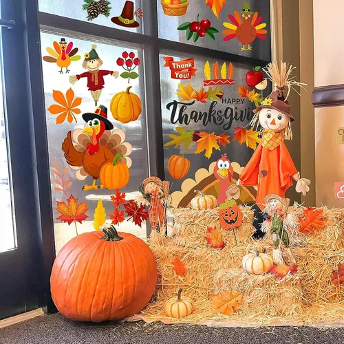 Miniatura 6 de 158 calcomanías de Acción de Gracias para ventana de vidrio, calcomanías de doble cara para ventana de otoño, pavo de otoño, ofertas de decoración