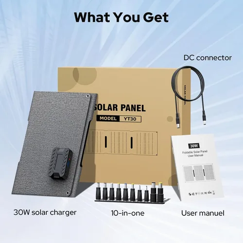 Miniatura 10 de ENOFLO Cargador de panel solar de 30 W YT30 Panel solar plegable IP65 Cargador solar impermeable con QC3.0 USB y salida CC (10 conectores) 24%