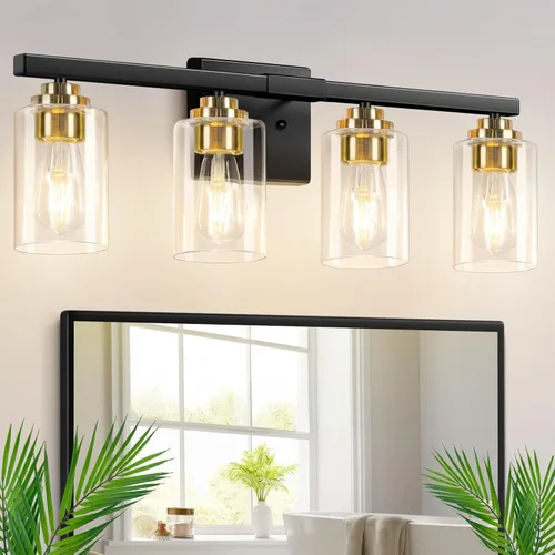 Miniatura 14 de Lámparas de baño de 3 luces, 19 pulgadas, modernas luces de tocador sobre espejo con pantallas de vidrio transparente, accesorio de luz marrón