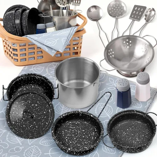 Miniatura 10 de Juego de accesorios de cocina para niños, juguete de cocina para niños, juego de cocina para niños pequeños, para niñas y niños, incluye ollas y Rosa