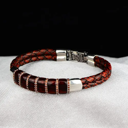 Miniatura 4 de Pulsera de cuero para hombre, pulsera de piedra de rubí natural de plata, regalo de aniversario único para hombres pulsera vintage, pulsera de plata