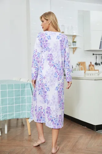 Miniatura 7 de IZZY + TOBY Camisones de algodón para mujer, de manga larga, suave, largo, cálido, vestido de noche con nudos, camisón para mujer