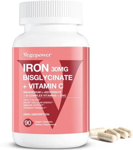 Suplementos de hierro para mujeres y hombres, bisglicinato de hierro vegano 30mg más vitamina C, B12, ácido fólico - pastillas de hierro para la