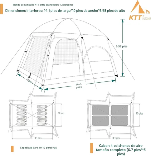 Miniatura 8 de KTT Extra Large Tent 12-14 Person,Family Cabin Tents,2 Rooms,Straight Wall,2 Doors 4 Windows with Mesh,Waterproof,Double Layer,Big Tent for