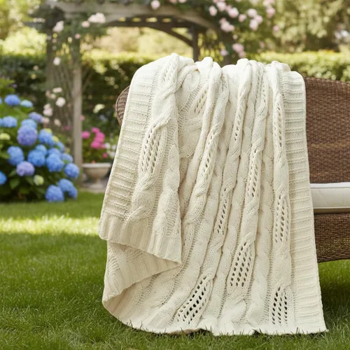 Amélie Home - Manta de punto gruesa de punto trenzado, manta de cable de chenilla suave y transpirable de doble cara para sofá, manta decorativa de