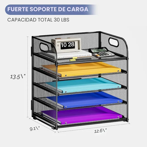 Miniatura 6 de Cawukege Organizador de papel de 5 niveles con asa, organizador de escritorio de malla de metal negro, carpeta de archivos, bandeja de cartas