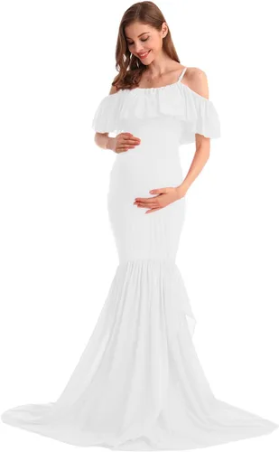 Miniatura 39 de MYRISAM Vestido de maternidad con volantes y hombros descubiertos para mujer, vestido de fiesta de sirena de gasa, vestido ajustado
