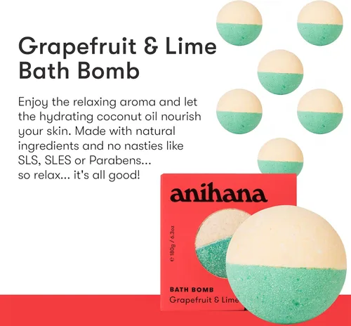 Miniatura 2 de ANIHANA Bomba de baño con aceite de coco, sin parabenos, rociadores de lujo hechos a mano, aroma refrescante de pomelo y lima, 6.3 onzas