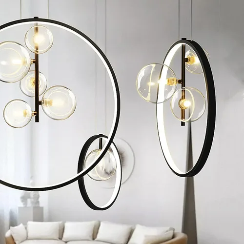 Miniatura 5 de Lámpara colgante de techo, lámpara de araña LED negra, pantalla de cristal de burbujas, lámpara moderna Sputnik, lámpara de araña para comedor