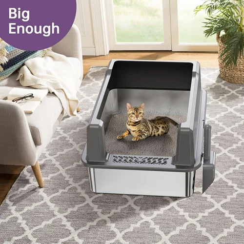 Miniatura 7 de Caja de arena extragrande XXL de acero inoxidable para gatos con tapa, 26" L x 18" W x 12" H caja de arena de metal con lados altos para gatos