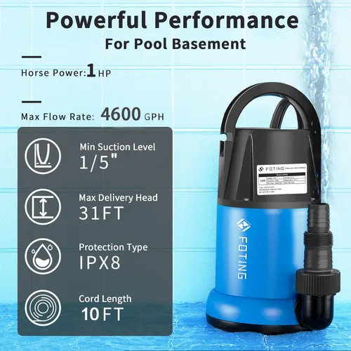 Miniatura 2 de FOTING Bomba de sumidero 1HP Bomba de agua sumergible limpia/sucia, 4600 GPH, bomba de agua termoplástica eléctrica de transferencia portátil