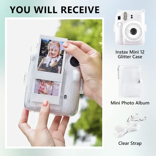 Miniatura 2 de Rieibi Funda transparente compatible con Fuji Instax Mini 12 – Funda con purpurina para cámara instantánea Fujifilm Instax Mini 12 con bolsillo