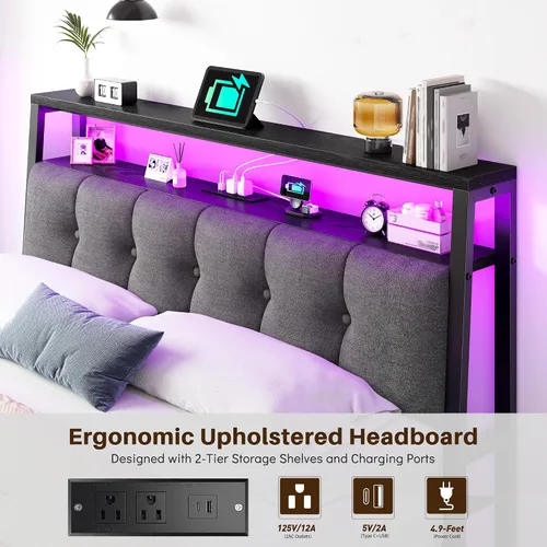 Miniatura 4 de Homkdom Base de cama de tamaño matrimonial con estación de carga, marco de cama tamaño matrimonial con luces LED con cabecera de almacenamiento Negro