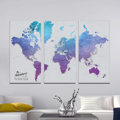 Miniatura 26 de 3 paneles - Mapa de viaje colorido del mundo con alfileres en lienzo envuelto en galería, mapa de pared grande