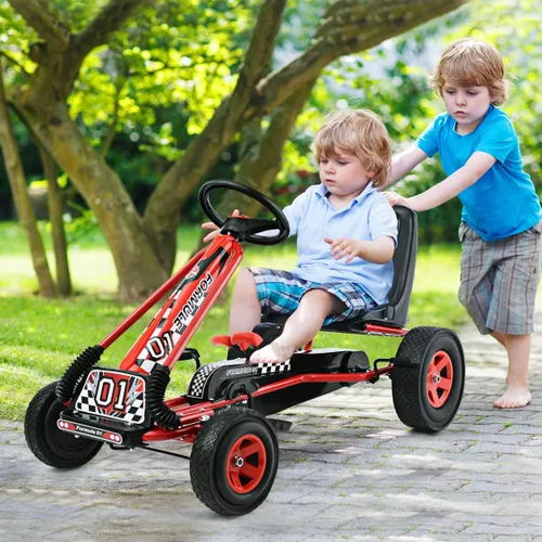 Miniatura 8 de HONEY JOY Go Kart para niños, 4 ruedas con pedal todoterreno cuádruple a pie con volantes y asiento ajustable, 2 frenos de seguridad, neumáticos Rojo