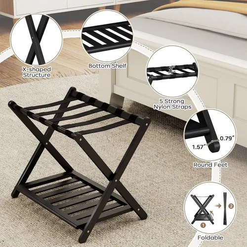 Miniatura 8 de oakvivo Portaequipajes negro totalmente montado para habitación de invitados, soporte plegable de bambú para maleta con 5 correas de nailon, soporte