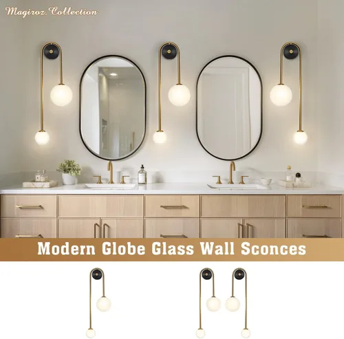 Miniatura 7 de Lámpara de pared moderna de mediados de siglo con forma de globo para interiores, 2 luces, color negro y dorado, con vidrio de leche, lámparas