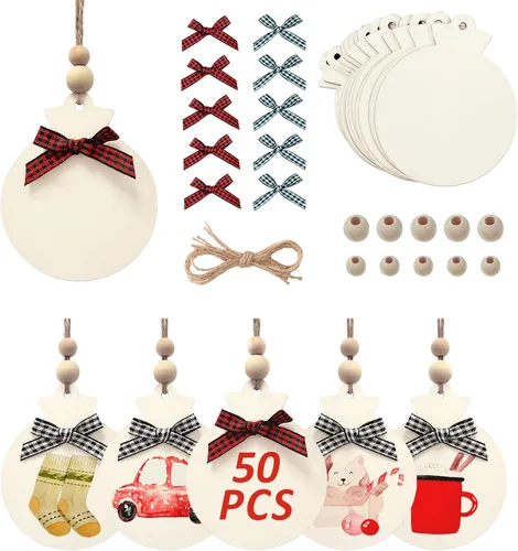 OurWarm 50 adornos de Navidad de madera para manualidades, adornos de madera redondos sin terminar de 4 pulgadas con lazos y cuentas a cuadros de