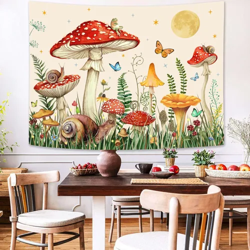 Miniatura 4 de Zussun Tapiz de hongo rojo, tapices de luna y estrella para dormitorio, estética de color beige, noche estrellada, planta verde, tapiz de pared