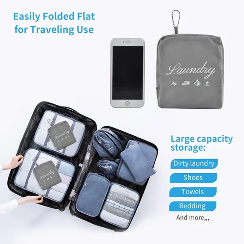 Miniatura 6 de JHX Bolsa de lavandería de viaje, bolsa de ropa sucia con asas y mosquetón de aluminio, bolsa de lavandería plegable para viajes, campamento, 1