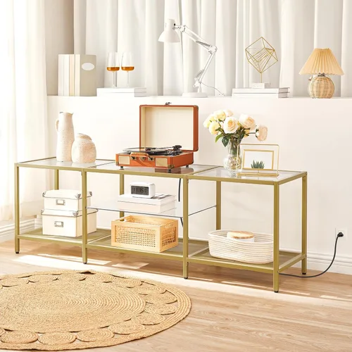Miniatura 5 de HOOBRO Soporte de TV con luces LED y tomas de corriente para televisores de hasta 65 pulgadas, moderna mesa consola de TV de vidrio templado de 55