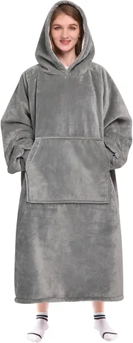 Miniatura 35 de Waitu - Sudadera tipo manta, para regalar a hombre o mujer, muy cálida y acogedora, gigantesca, con capucha, de gruesa franela, con mangas y un Negro