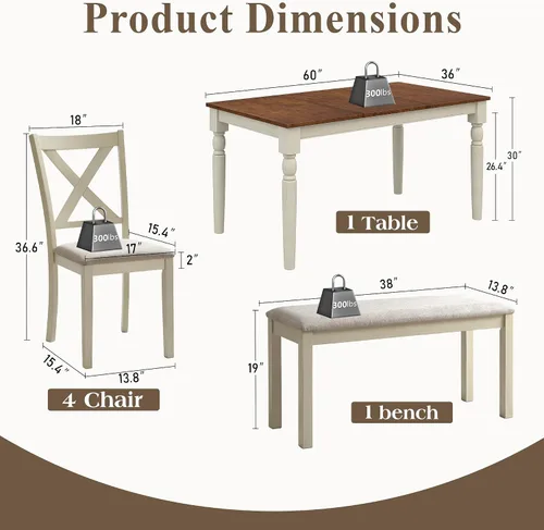 Miniatura 2 de LUXOAK Juego de mesa de comedor de madera maciza de 60 pulgadas para 6, mesa de cocina de granja con 4 sillas tapizadas y banco, 6 piezas de muebles