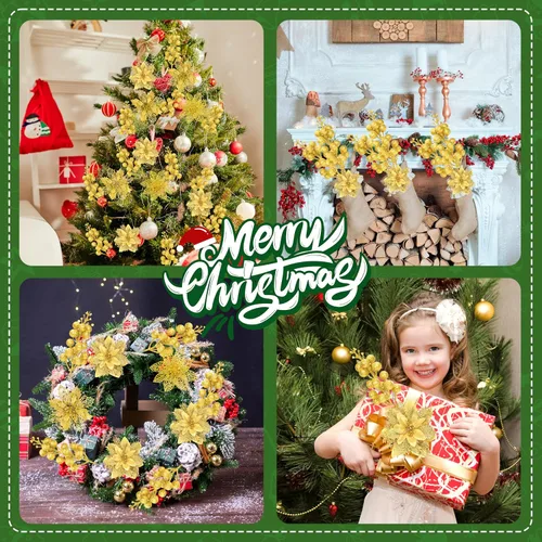 Miniatura 7 de Kit de 36 piezas de adornos de tallos de flores de nochebuena con purpurina y bayas, 24 piezas de flores artificiales con clips y 12 piezas de púas