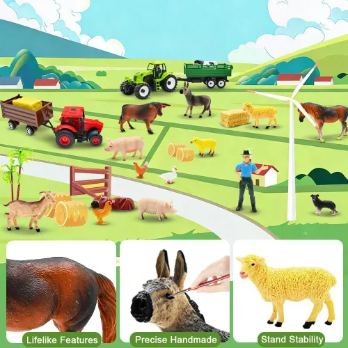 Miniatura 3 de BOLZRA Juguete de figuras de animales de granja, juego de 2 camiones de granja de plástico realista con remolque, caja de almacenamiento de valla