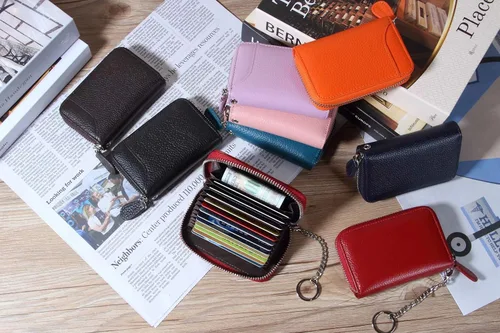 Miniatura 6 de GADIEMKENSD Tarjetero de tarjeta de crédito pequeño RFID cartera cremallera cuero genuino acordeón carteras, Rosado, Mejorado
