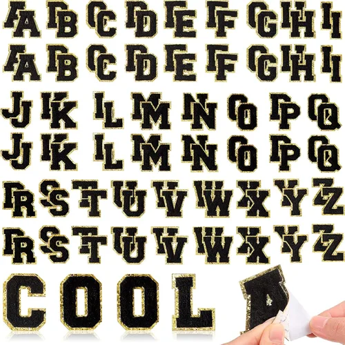 Yilloog 104 parches de letras de felpilla autoadhesivas, letras de graduación para Leis, letras bordadas con purpurina para ropa, mochilas, sombrero
