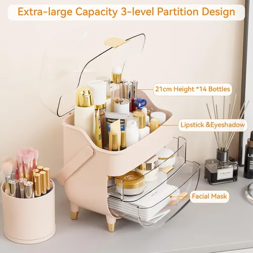 Miniatura 5 de Yieach Organizador de maquillaje de encimera para tocador, organizador de cuidado de la piel de gran capacidad con cajones y soporte para brochas