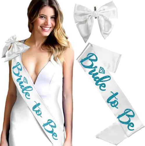 Miniatura 64 de Something Blue Gift for Bride To Be Sash - Banda de satén de grado nupcial - Decoraciones de despedida de soltera azul turquesa, Juego de 2 piezas