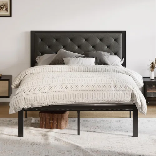 Miniatura 13 de Allewie Base de cama individual con cabecera tapizada de piel sintética, diseño elegante con costuras de diamante, no necesita somier, color negro