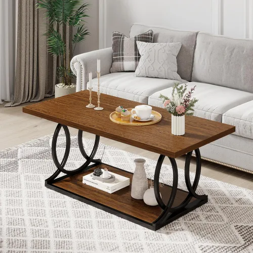 Miniatura 2 de BECHAEO Mesa auxiliar industrial moderna para sala de estar, 41.7 pulgadas, parte superior rectangular de madera gruesa con patas de arco de metal